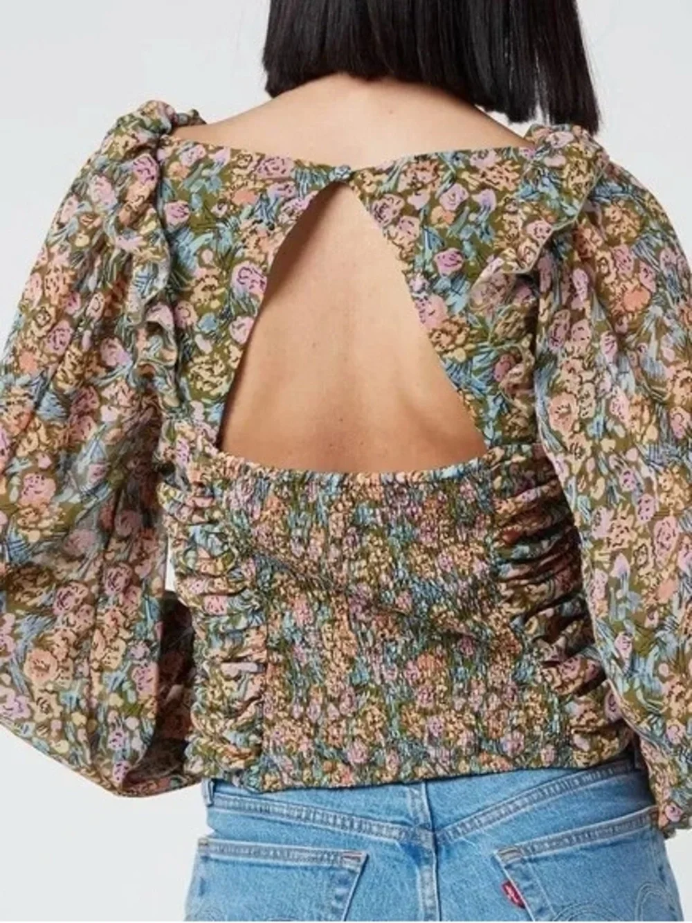 Free People Mabel Olive Green Floral Garden Print Ruched Peasant Blouse Sz M